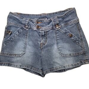lei Y2K Denim Micro Mini Shorts Women Size 7 Low Rise Blue Jean Pockets 90s 00s